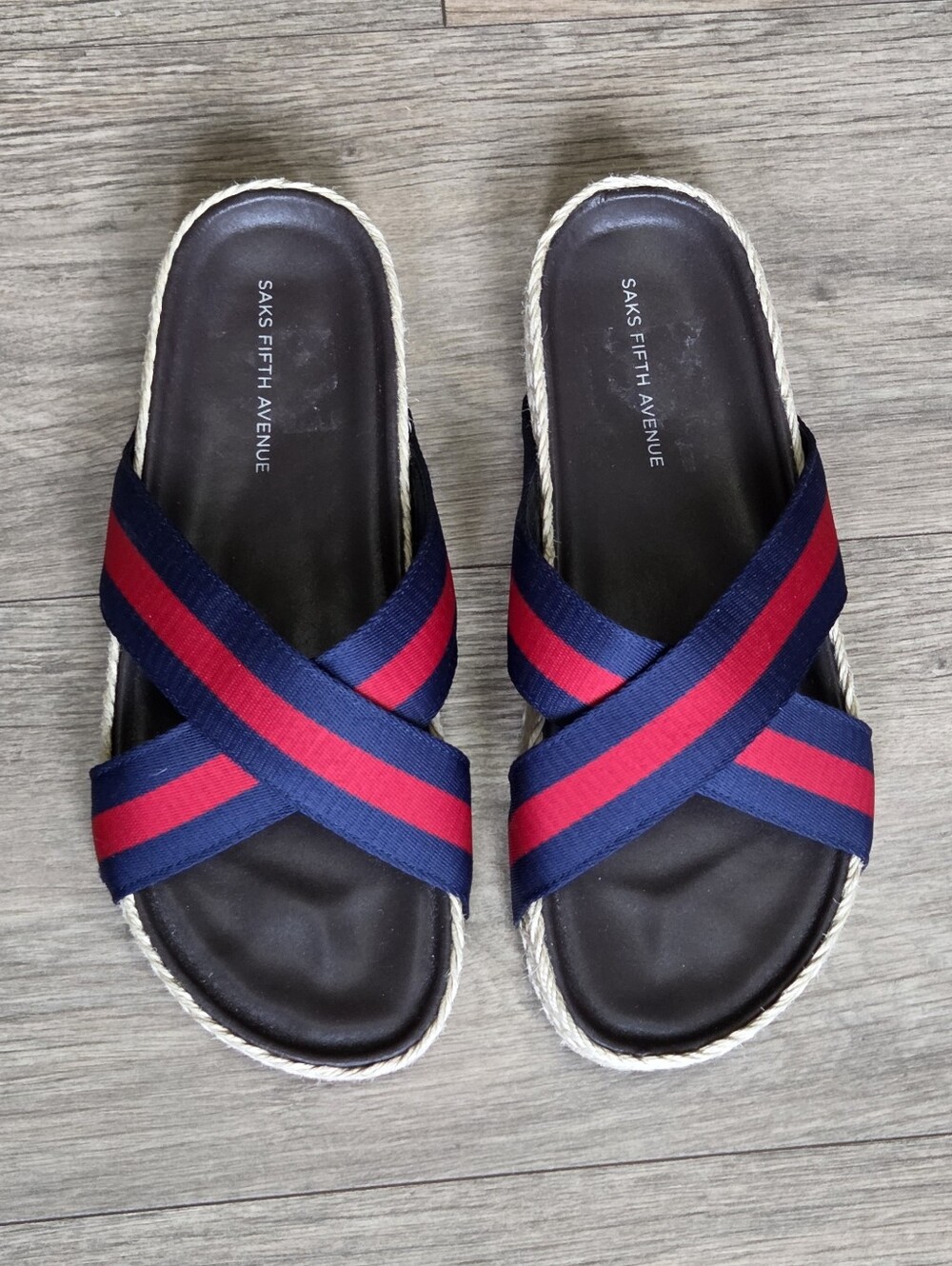 SAKS FIFTH AVENUE Navy & Red Crisscross Espadrille Slides - Picture 5 of 7